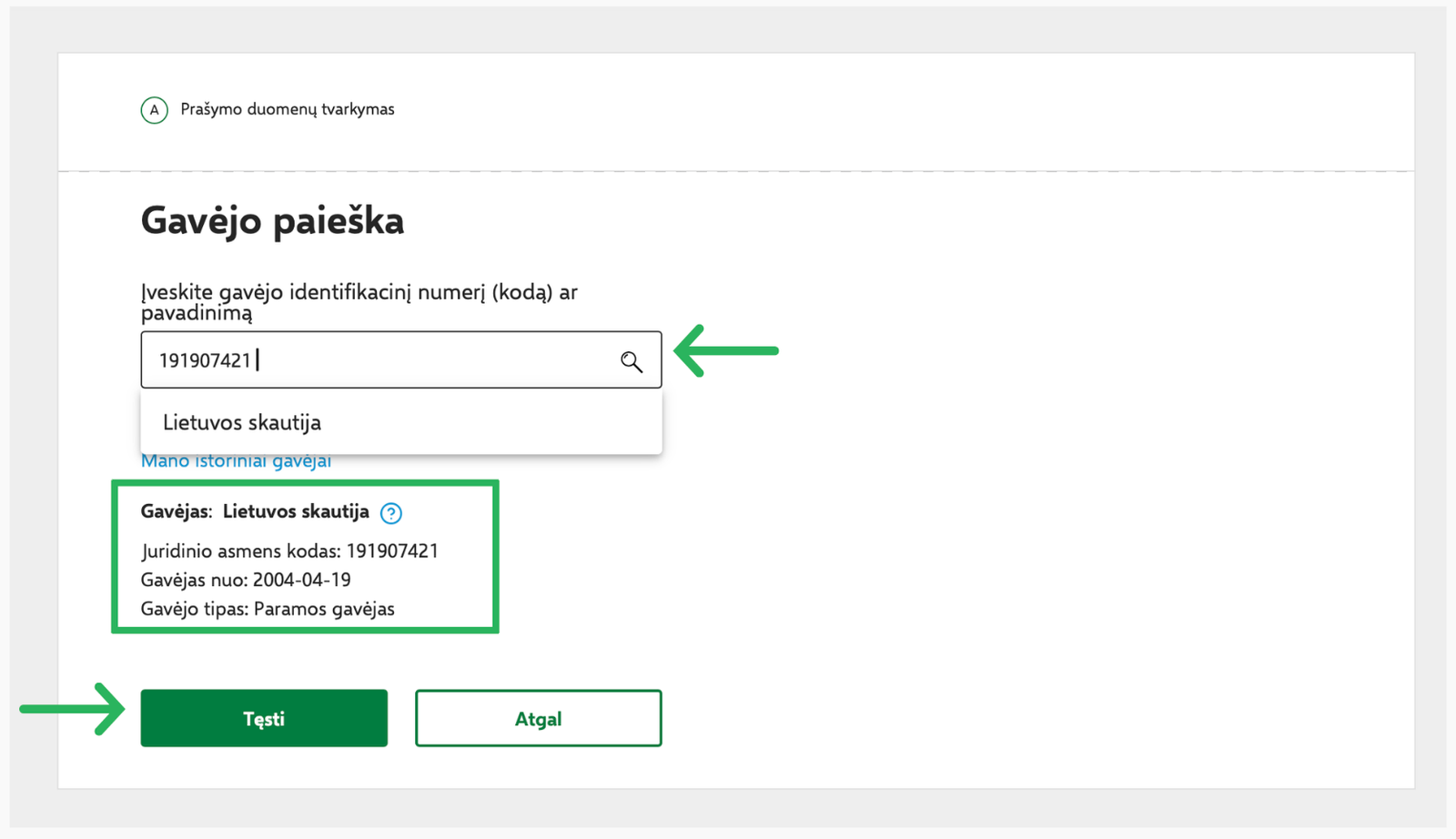 Paramos gavėjo paieškos langas
